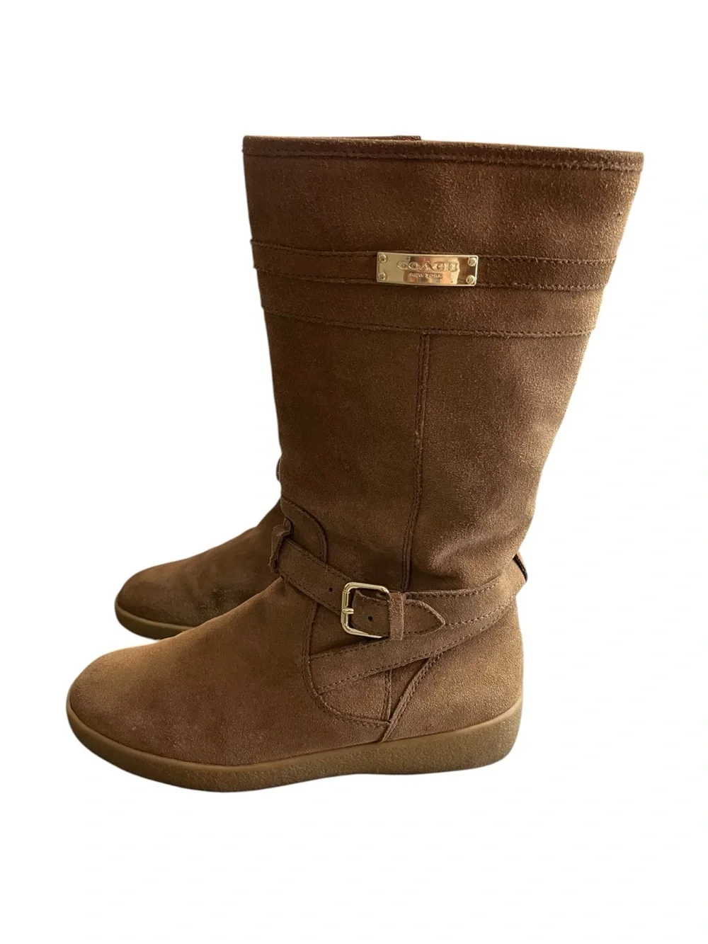 Coach Tallulah Boots Women’s 7 B Brown Suede Shearling Mid Calf Buckle Gold Logo